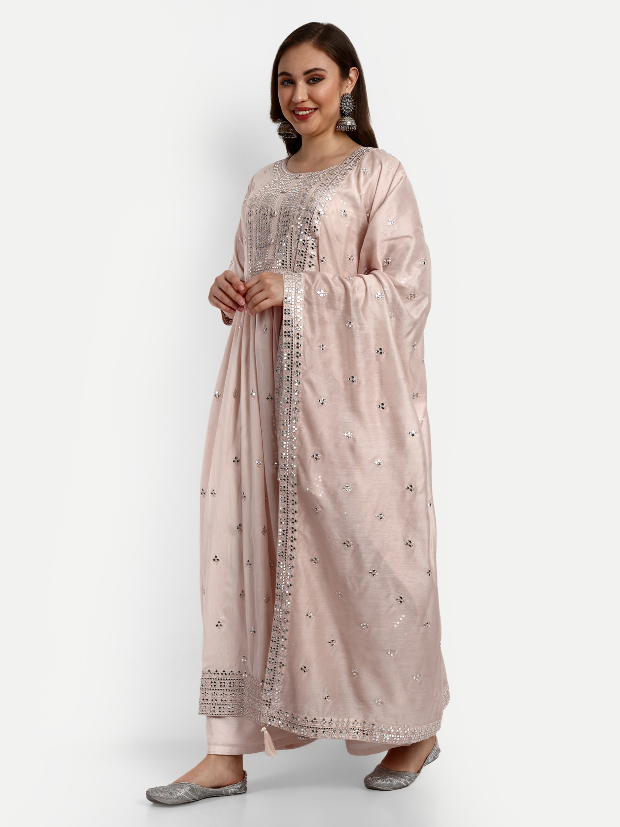 Cream Modal Chanderi Silk Palazzo Suits - Top Length Up To 50 Inch, Bottom Length Up To 38 Inch, Dupatta Length 2.20 Meter | Beautiful Sequence Embroidery, Heavy American Crepe Lining, Breathable And Non-toxic