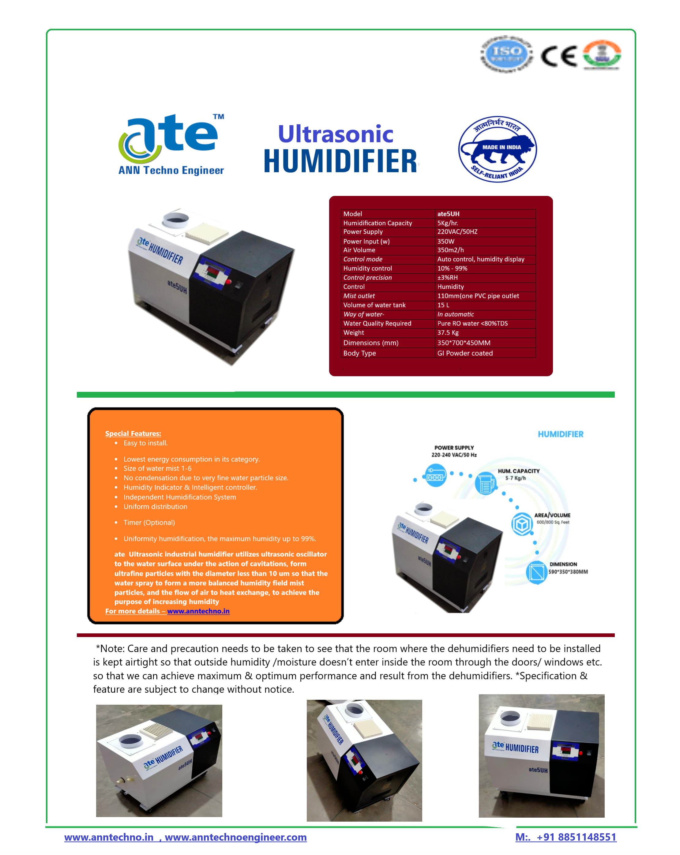 Ultrasonic Humidifier - Capacity: 10 Kg/h Kg/hr