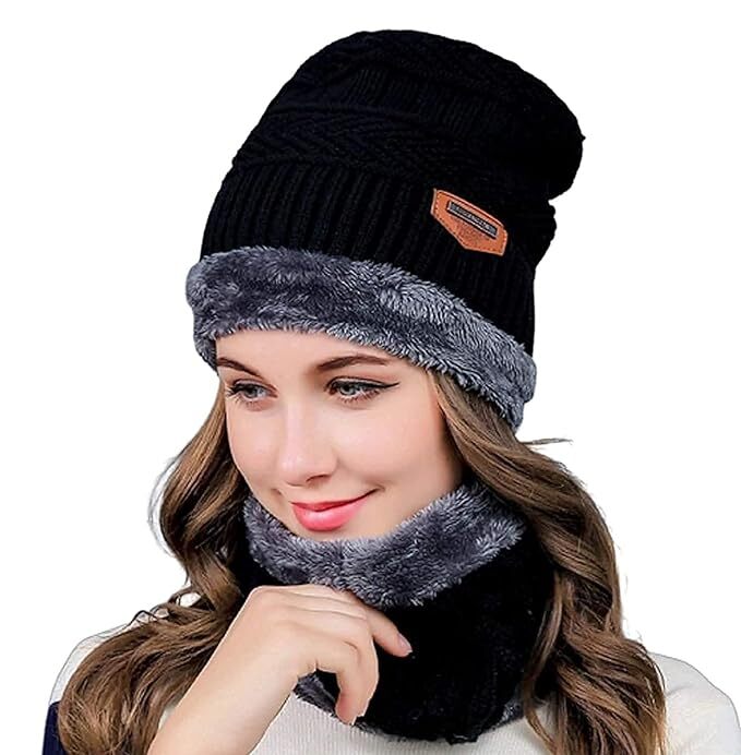 Heria Ultra Soft Unisex Woolen Cap & Neck Muffler Set - Single Cavity, Black | Multicolor Wool Hat Scarf Combo For Men & Women