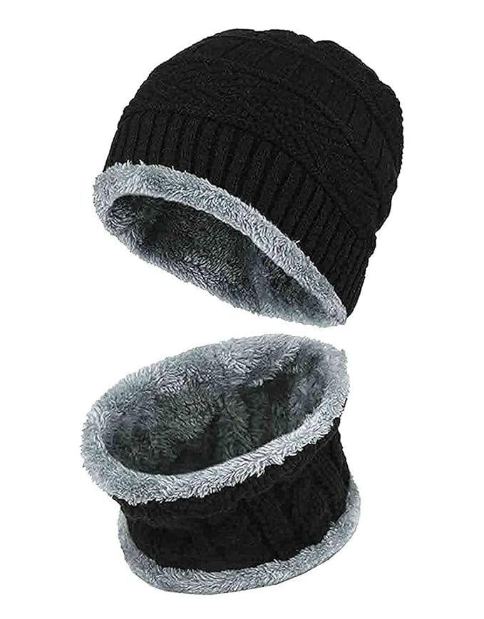 Heria Ultra Soft Unisex Woolen Cap & Neck Muffler Set - Single Cavity, Black | Multicolor Wool Hat Scarf Combo For Men & Women