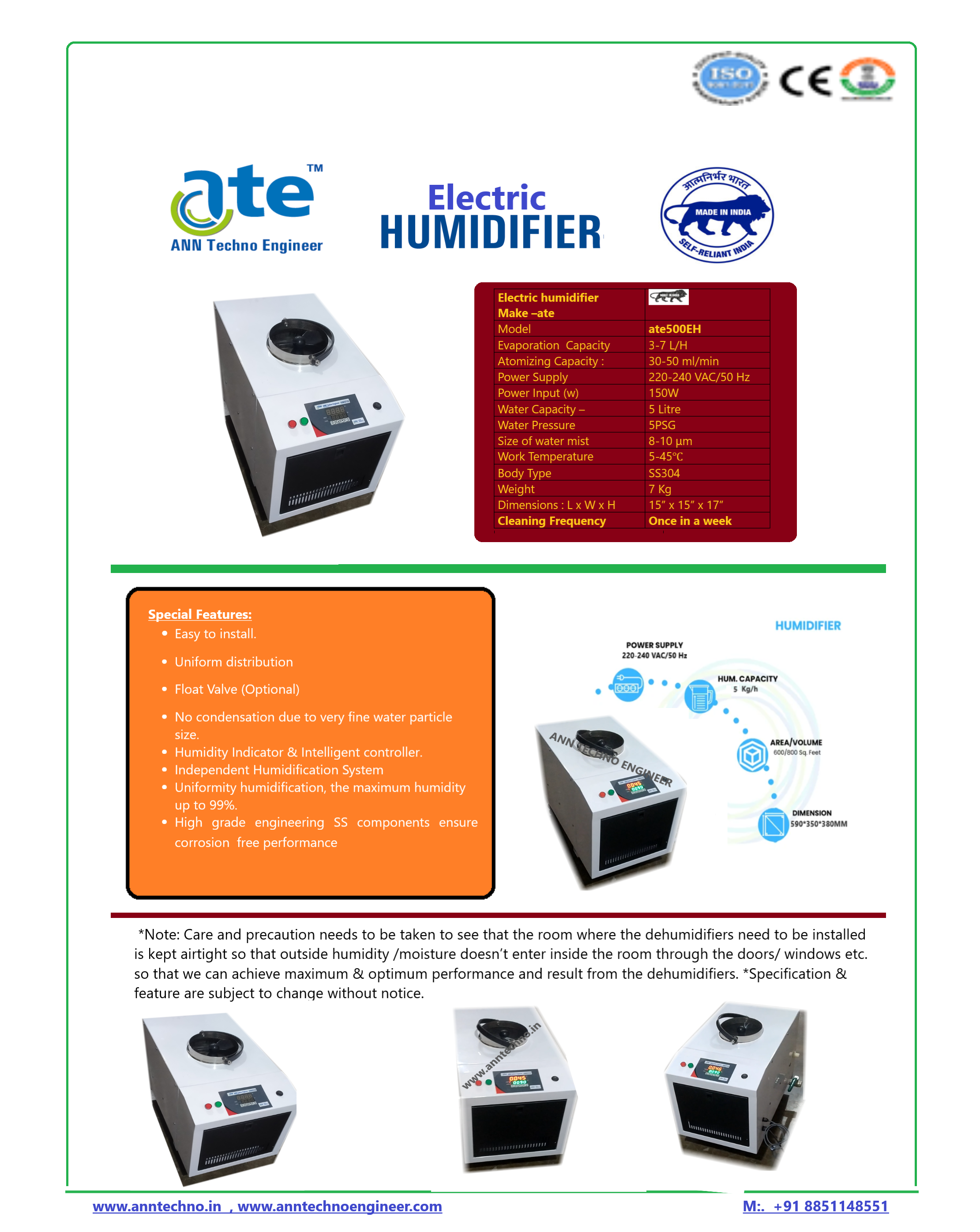 Electric Humidifier Auto Control Ate800aeh - Capacity: 5 Kg/h Kg/hr