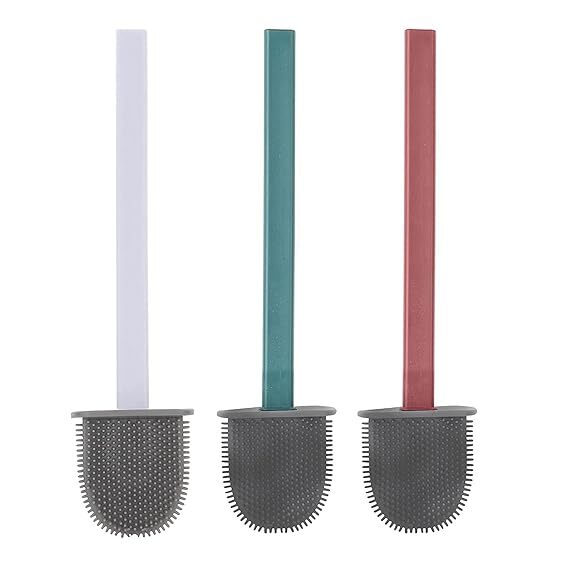 Wow Silicone Toilet Brush With Holder Set - Pvc Material, Multicolor Finish | Single Cavity Design, No-slip Long Handle For Effortless Deep Cleaning