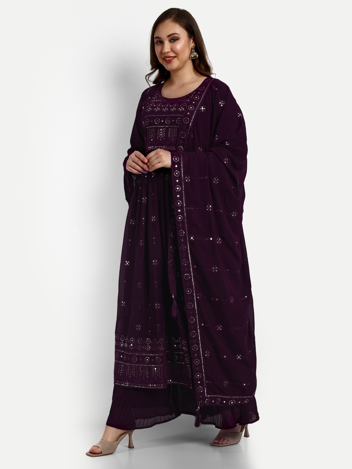 Georgette Designer Plazzo Suits - Color: Wine