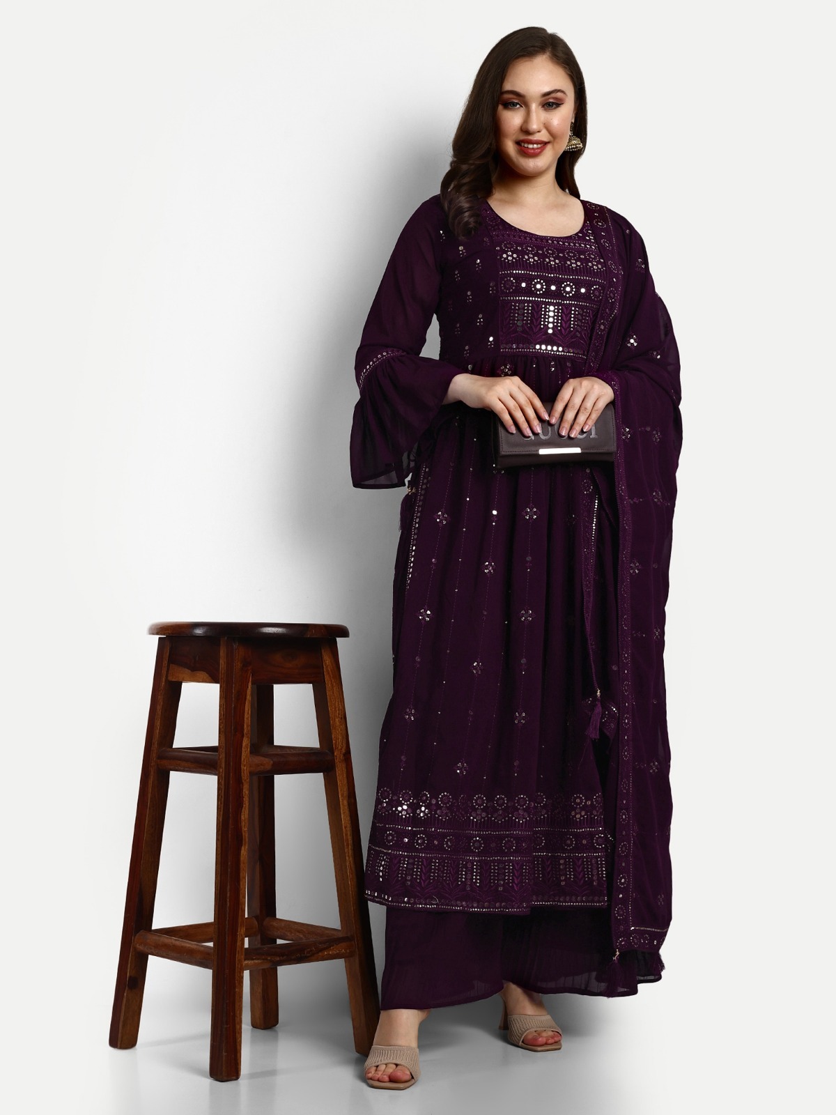 Georgette Designer Plazzo Suits - Color: Wine