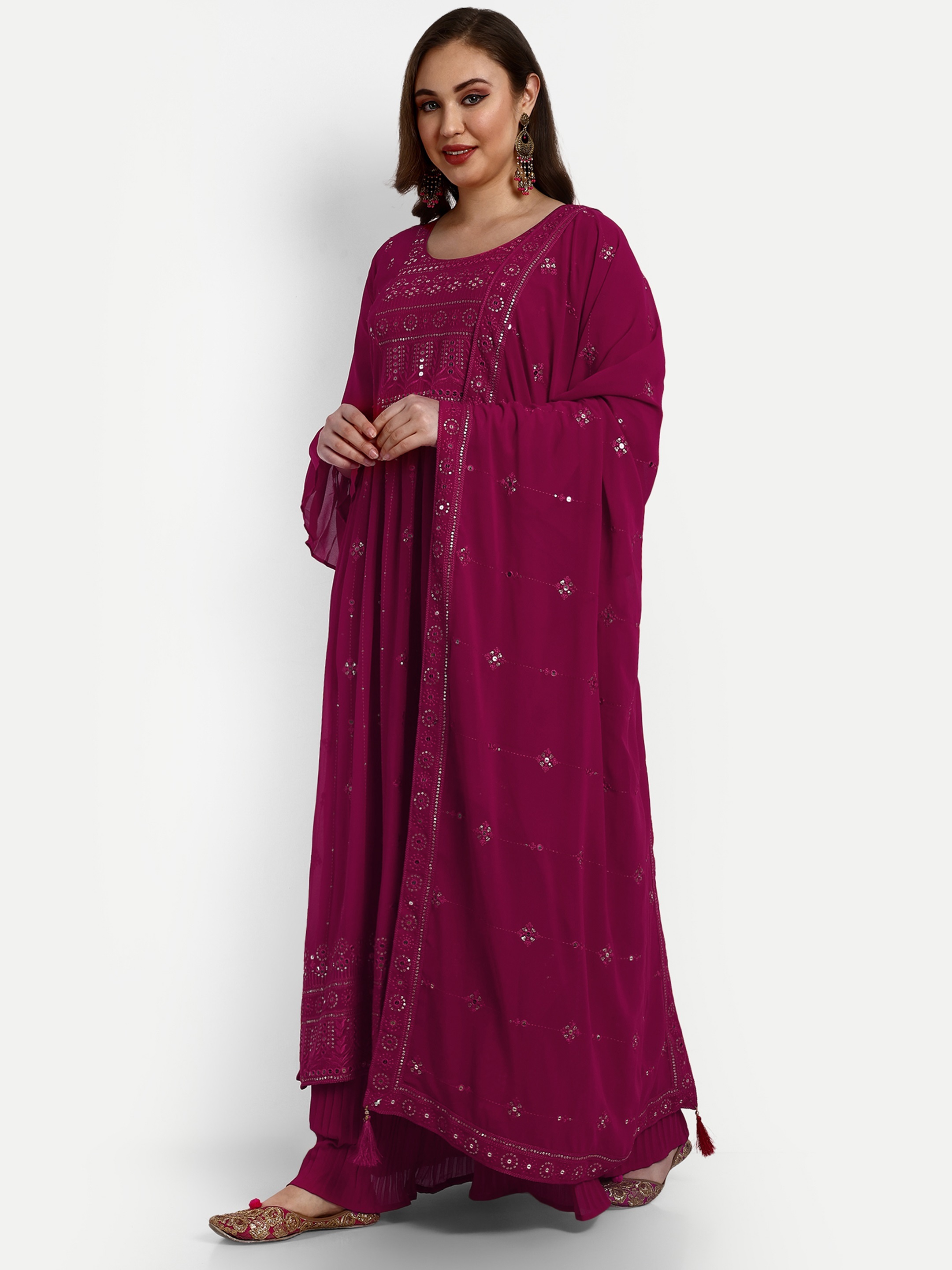 Rani Pink Georgette Designer Palazzo Suits - Decoration Material: Sequins