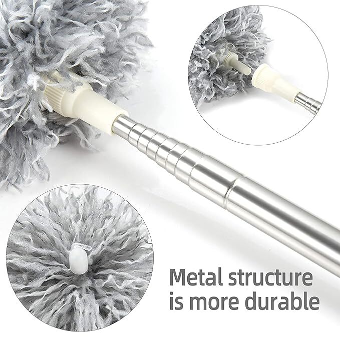 Mitsico Microfiber Feather Duster With Extendable Pole - Stainless Steel, 30-100 Inches | Curved Head, Electrostatic Dust Attraction, Adjustable Length