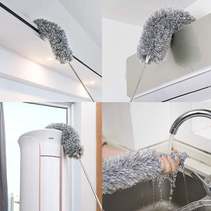Mitsico Microfiber Feather Duster With Extendable Pole - Stainless Steel, 30-100 Inches | Curved Head, Electrostatic Dust Attraction, Adjustable Length