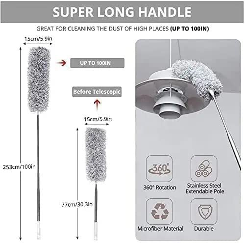 Mitsico Microfiber Feather Duster With Extendable Pole - Stainless Steel, 30-100 Inches | Curved Head, Electrostatic Dust Attraction, Adjustable Length