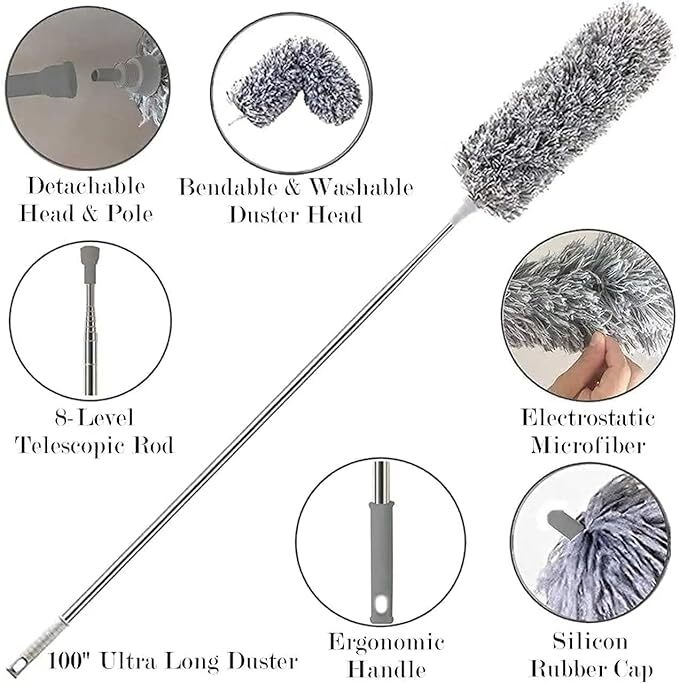 Mitsico Microfiber Feather Duster With Extendable Pole - Stainless Steel, 30-100 Inches | Curved Head, Electrostatic Dust Attraction, Adjustable Length