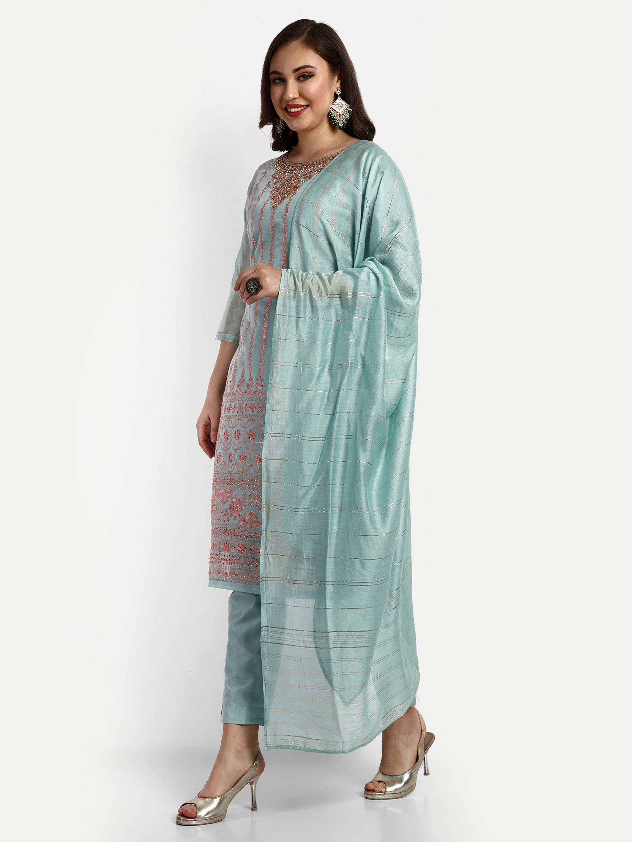 Chanderi Designer Straight Suits - Color: Light Green