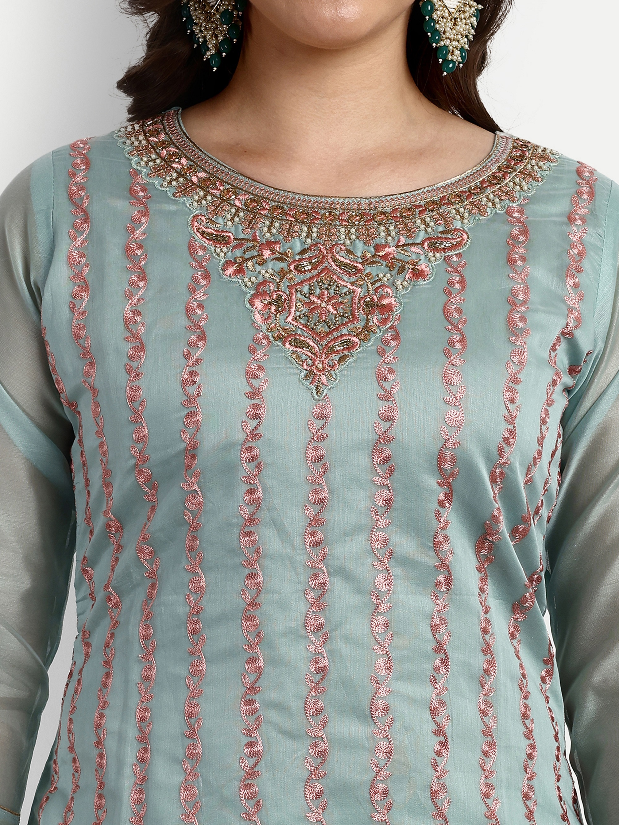 Chanderi Designer Straight Suits - Color: Light Green
