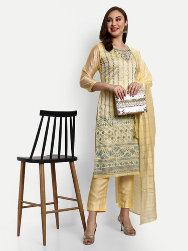 Yellow Chanderi Designer Straight Suits