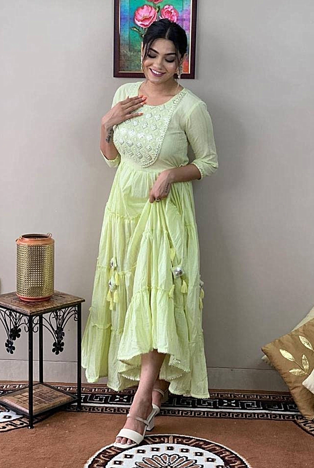 Lurex Printed Gown - Viscose Rayon, Sizes M To 7xl, Pink Hue | Embroidered Detailing, Anti-wrinkle, Breathable, Plus Size, All-season Wear