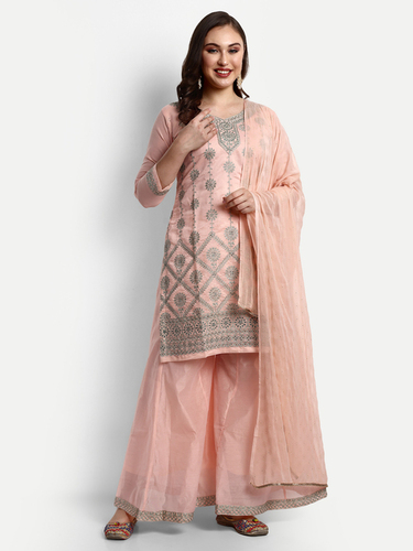Peach Modal Chanderi Palazzo Suits - Top Length 32 Inches, Bottom Length 38 Inches, Dupatta Length 2.20 Meters | Breathable, Hand Embroidered Aari Work, Cool Dry, Non-Toxic