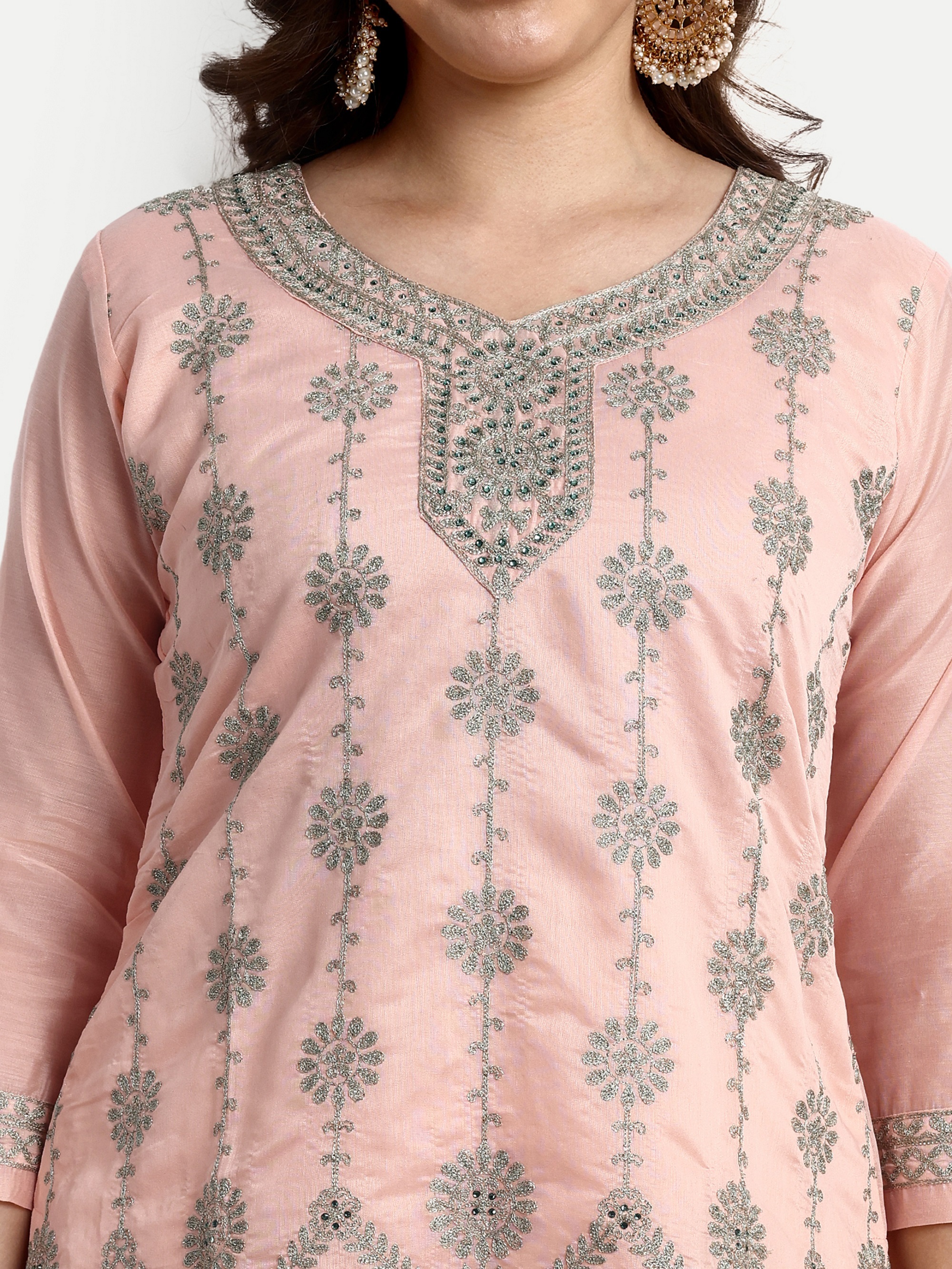Peach Modal Chanderi Palazzo Suits - Top Length 32 Inches, Bottom Length 38 Inches, Dupatta Length 2.20 Meters | Breathable, Hand Embroidered Aari Work, Cool Dry, Non-toxic
