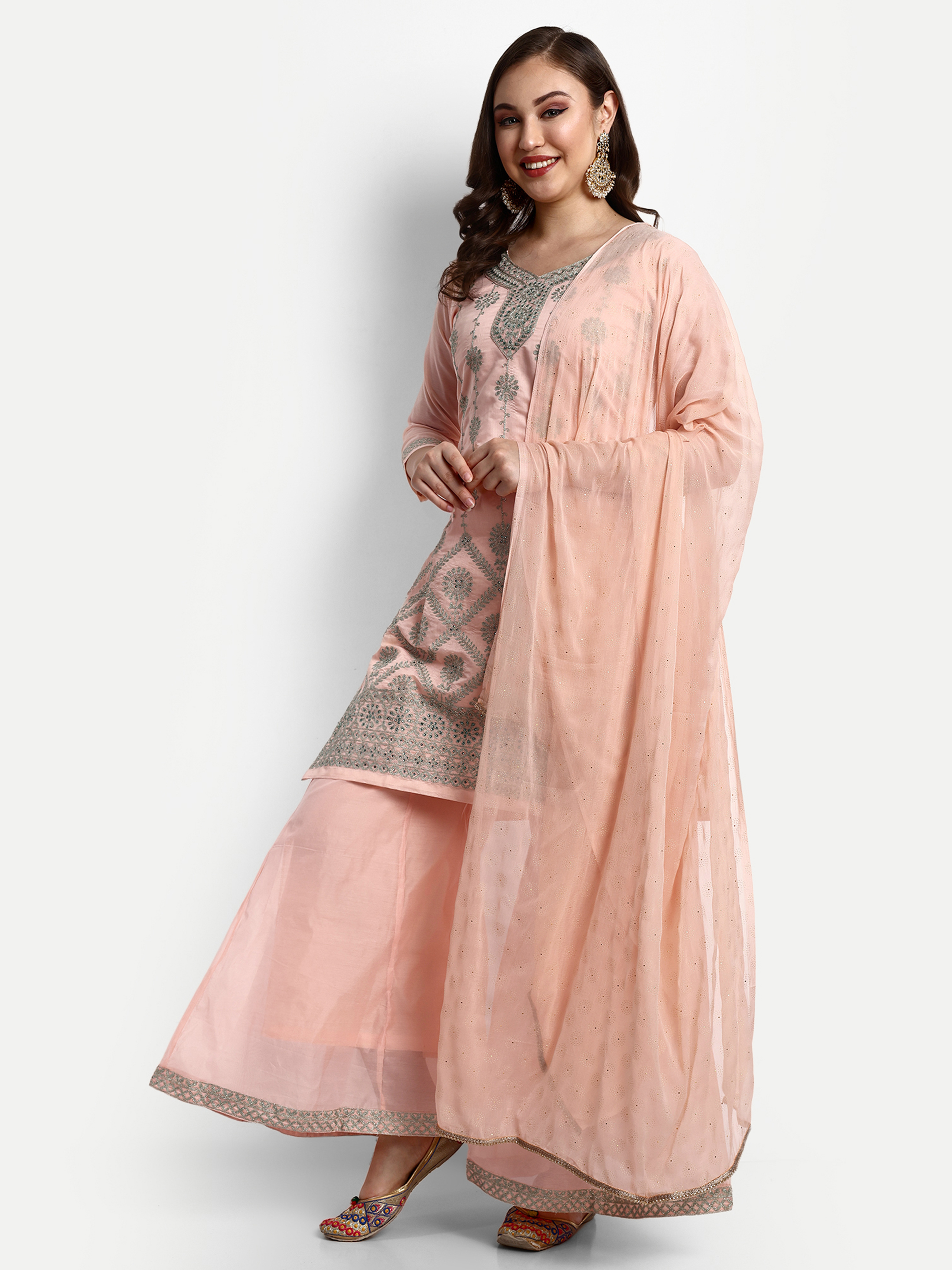 Peach Modal Chanderi Palazzo Suits - Top Length 32 Inches, Bottom Length 38 Inches, Dupatta Length 2.20 Meters | Breathable, Hand Embroidered Aari Work, Cool Dry, Non-toxic