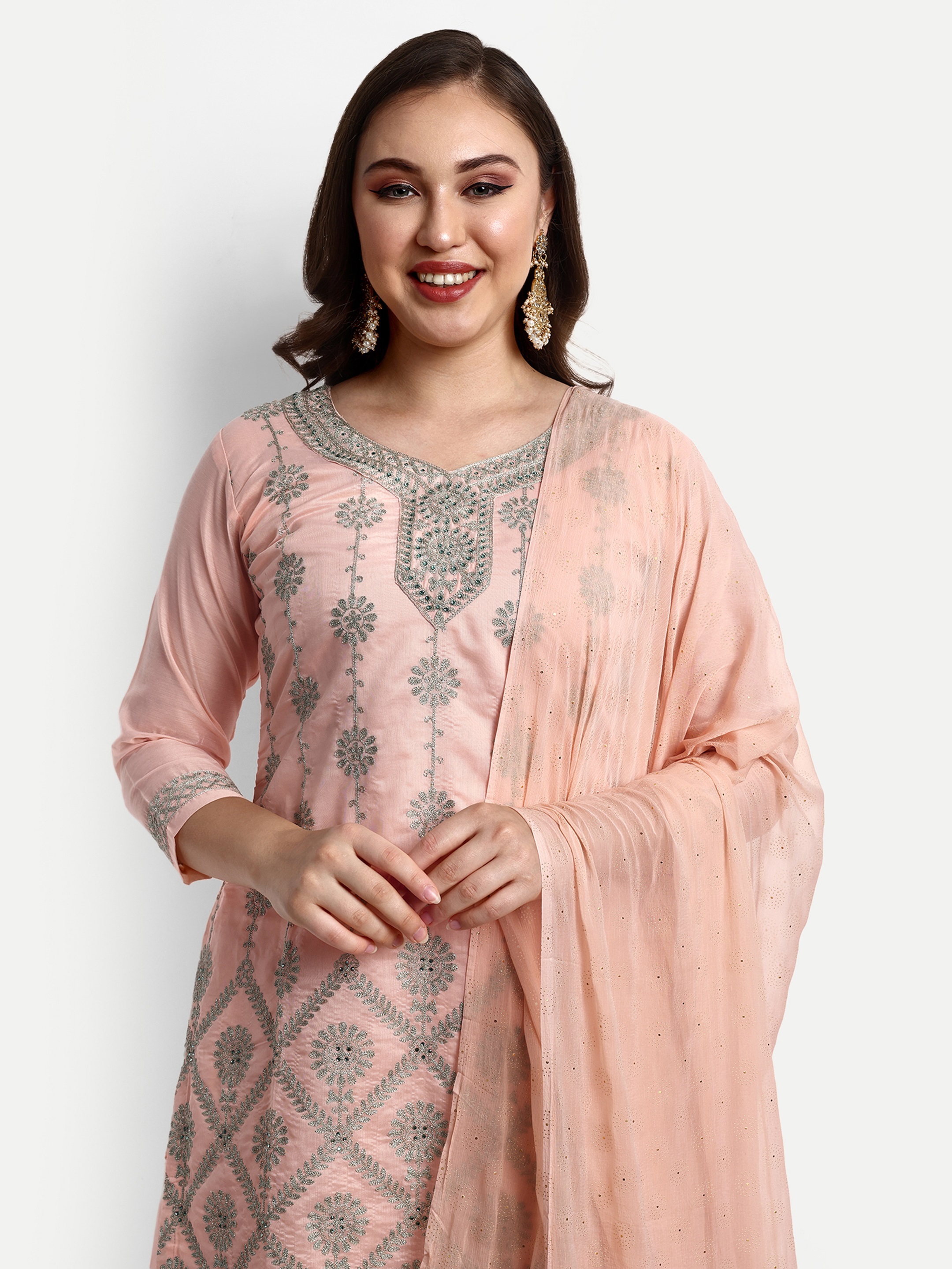 Peach Modal Chanderi Palazzo Suits - Top Length 32 Inches, Bottom Length 38 Inches, Dupatta Length 2.20 Meters | Breathable, Hand Embroidered Aari Work, Cool Dry, Non-toxic