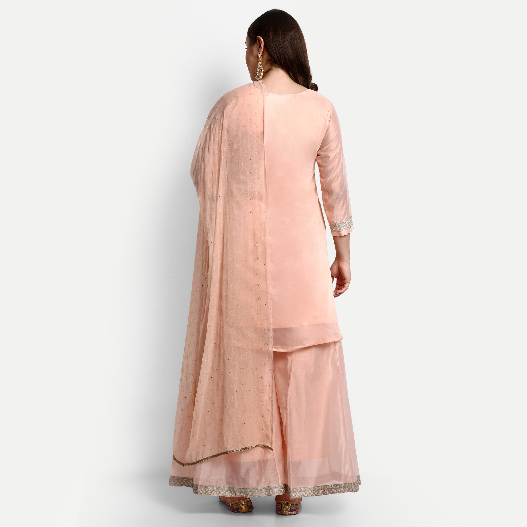 Peach Modal Chanderi Palazzo Suits - Top Length 32 Inches, Bottom Length 38 Inches, Dupatta Length 2.20 Meters | Breathable, Hand Embroidered Aari Work, Cool Dry, Non-toxic