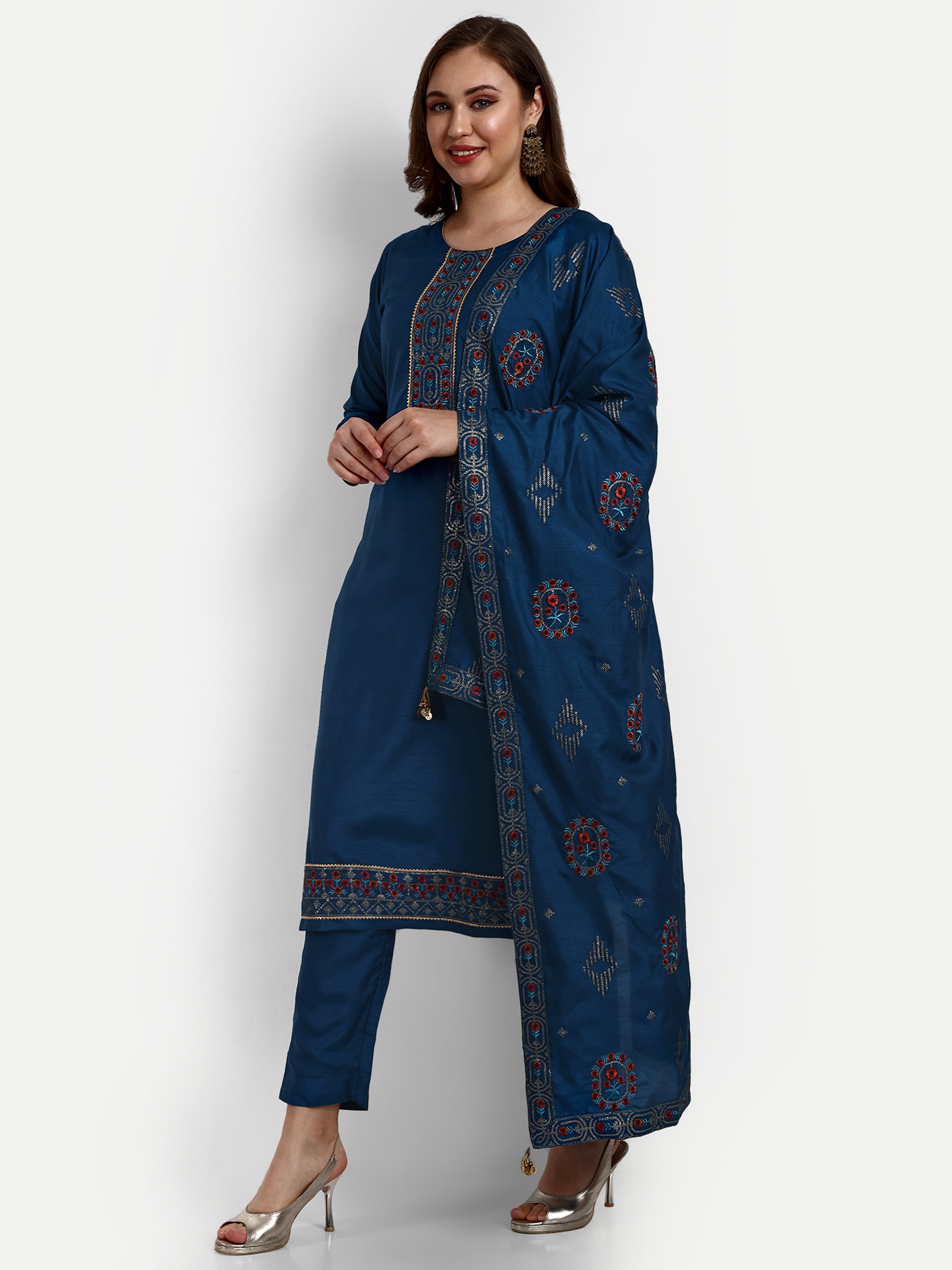 Dola Silk Designer Salwar Suits - Blue, Green & Maroon With 3mm Heavy Sequence Multi Embroidery | Breathable, Quick Dry, Custom Size, Stitched, Ethnic Indian Wear