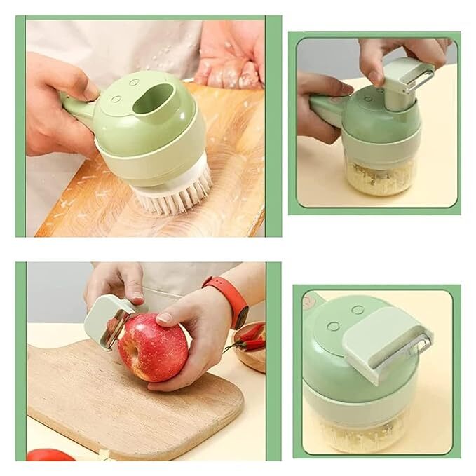 Wbooo 4 In 1 Handheld Electric Vegetable Cutter Set - Plastic, 8 X 9.5 X 20.5 Cm, Multicolor | Portable Mini Wireless Food Processor, Garlic Chopper, Brush