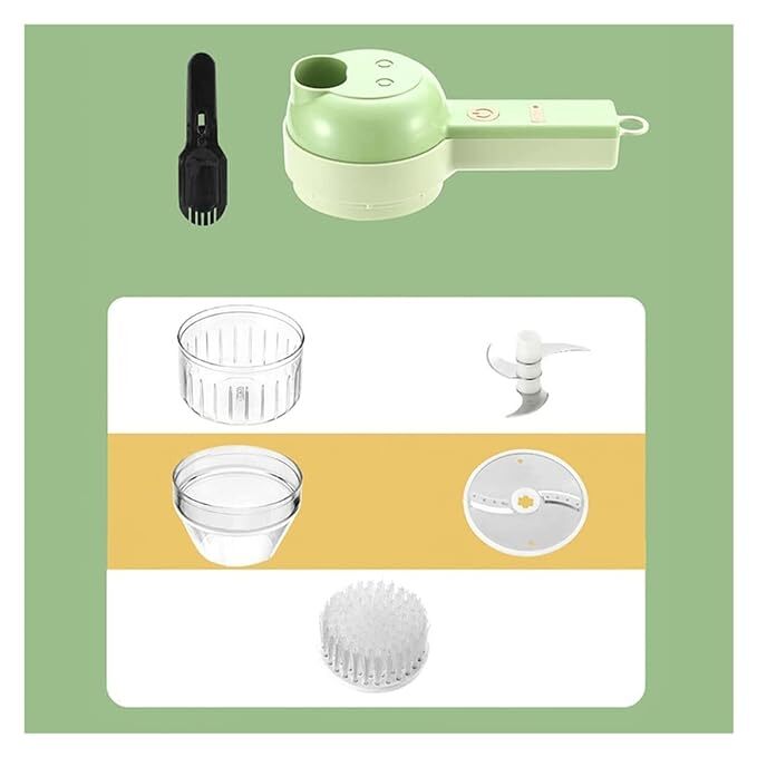 Wbooo 4 In 1 Handheld Electric Vegetable Cutter Set - Plastic, 8 X 9.5 X 20.5 Cm, Multicolor | Portable Mini Wireless Food Processor, Garlic Chopper, Brush