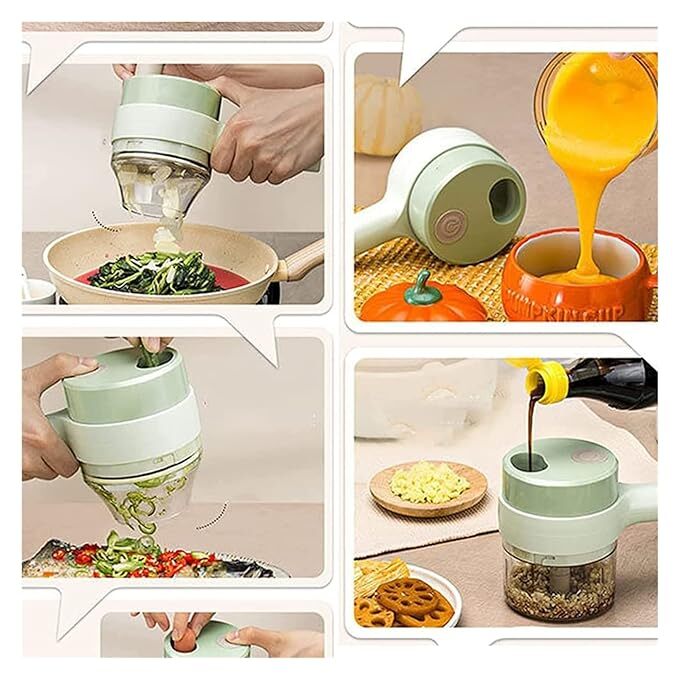 Wbooo 4 In 1 Handheld Electric Vegetable Cutter Set - Plastic, 8 X 9.5 X 20.5 Cm, Multicolor | Portable Mini Wireless Food Processor, Garlic Chopper, Brush