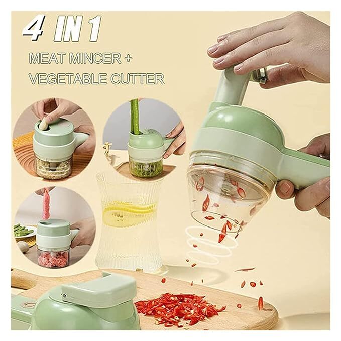 Wbooo 4 In 1 Handheld Electric Vegetable Cutter Set - Plastic, 8 X 9.5 X 20.5 Cm, Multicolor | Portable Mini Wireless Food Processor, Garlic Chopper, Brush