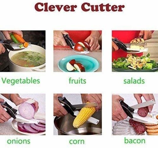 Nishp By Pagran Sales Clever Cutter Stainless Steel Kitchen Knife Scissor - 200 Grams Multicolor Pvc Handle With Spring Locking Hinge & Cutting Board