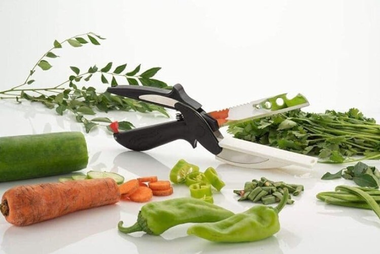 Nishp By Pagran Sales Clever Cutter Stainless Steel Kitchen Knife Scissor - 200 Grams Multicolor Pvc Handle With Spring Locking Hinge & Cutting Board