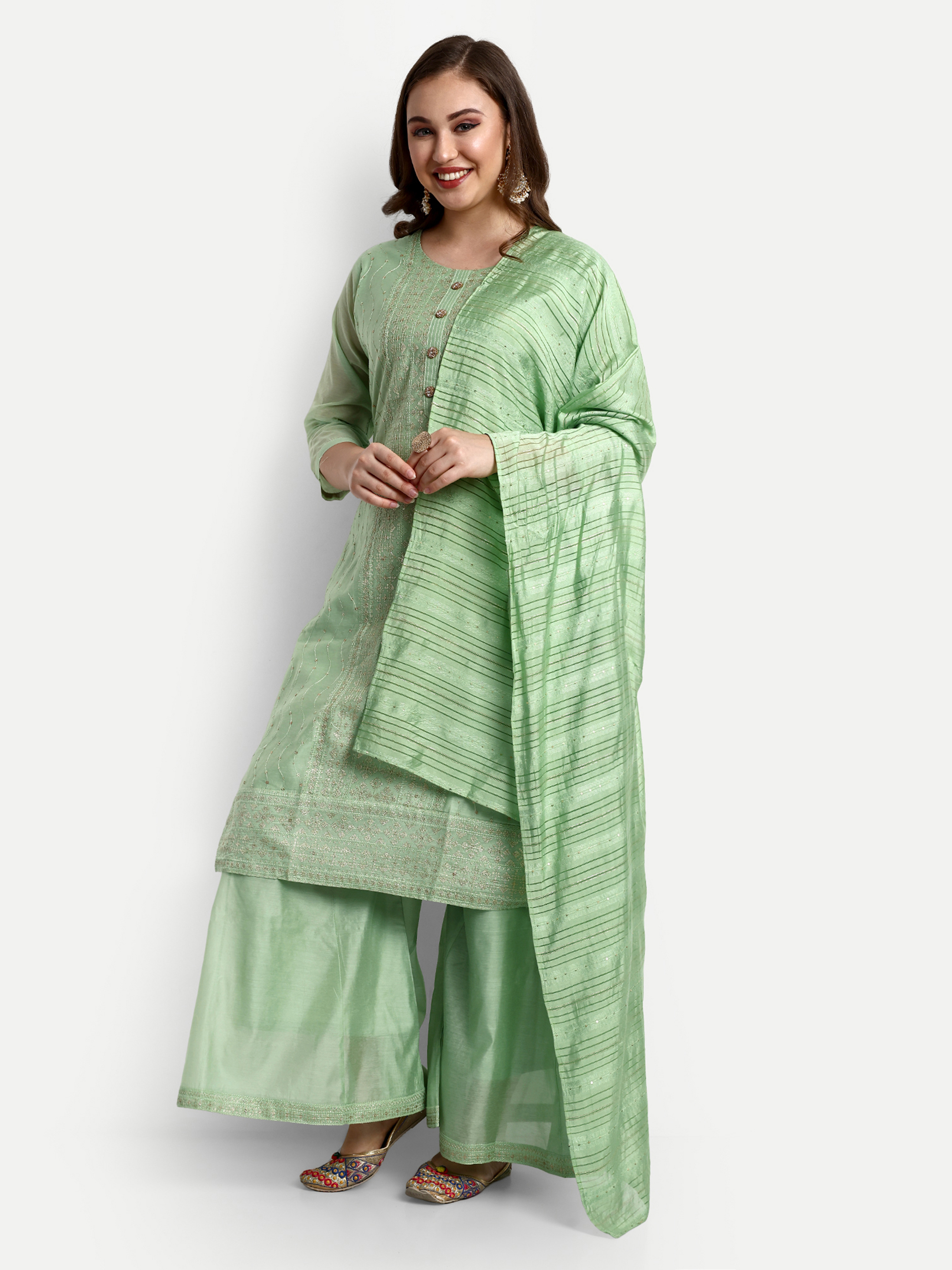 Green Modal Chanderi Silk Palazzo Suits - Ethnic Region: Indian