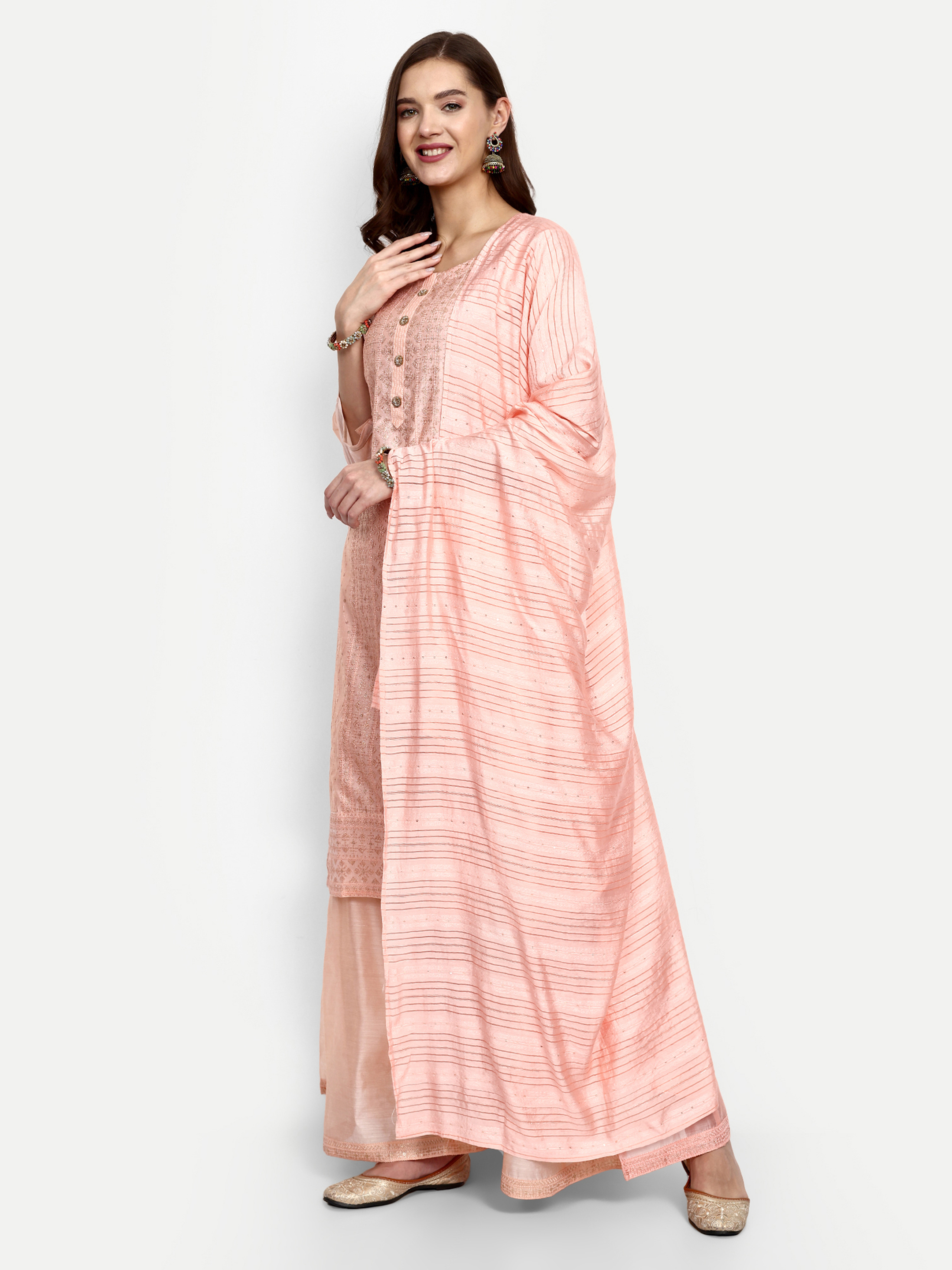 Peach Modal Chanderi Palazzo Suits Set