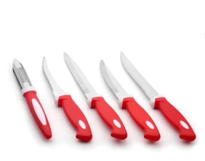 Akbari Traders Knife Set With Plastic Block - Stainless Steel, 15 X 12 X 10 Centimeters, Multicolor | 5-piece Knife Set With Stand & Peeler (Red)