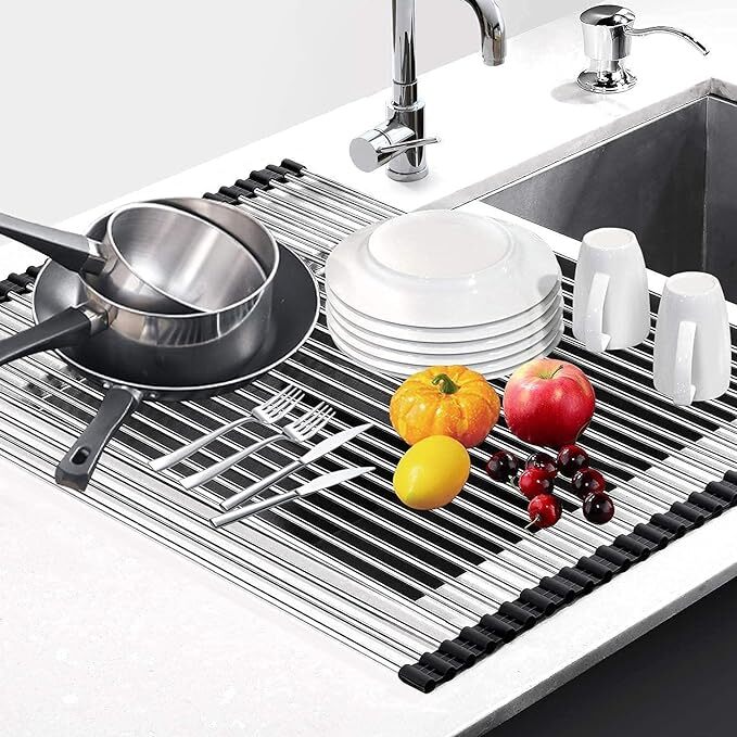 Mitsico Foldable Multipurpose Rollup Stainless Steel Kitchen Organizer Utensils Dish Drying Drainer Rack Mat For Over Sink And Fruit-vegetable Strainer Colander