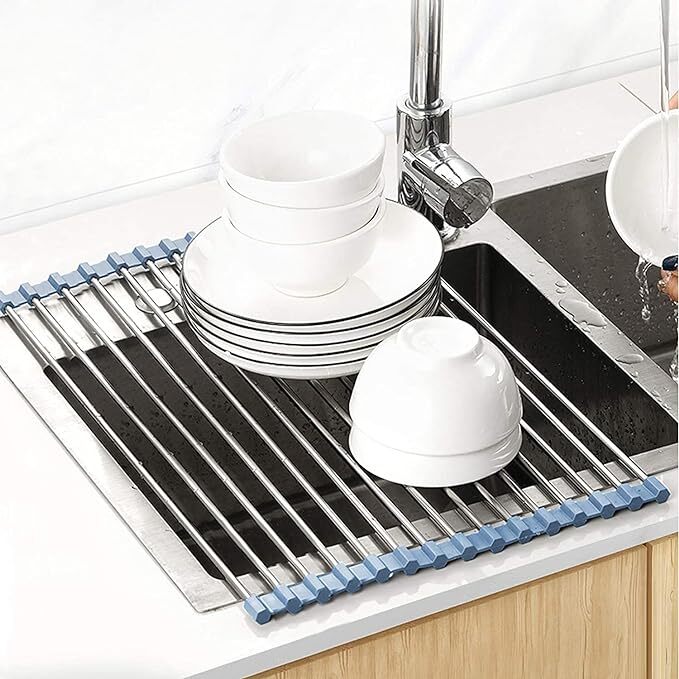 Mitsico Foldable Multipurpose Rollup Stainless Steel Kitchen Organizer Utensils Dish Drying Drainer Rack Mat For Over Sink And Fruit-vegetable Strainer Colander