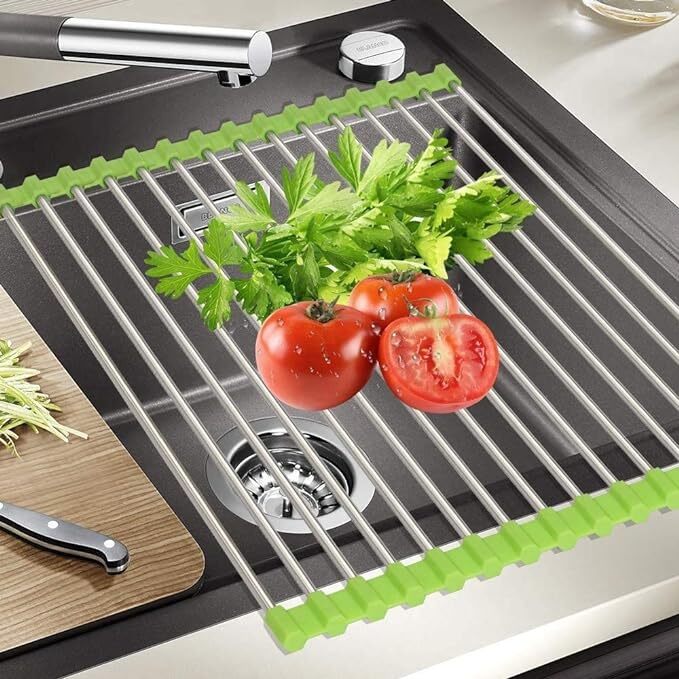 Mitsico Foldable Multipurpose Rollup Stainless Steel Kitchen Organizer Utensils Dish Drying Drainer Rack Mat For Over Sink And Fruit-vegetable Strainer Colander