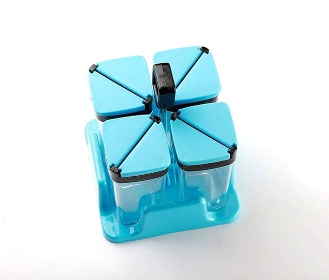 V-art Salt Pepper Sugar Shakers For Dining Table - Plastic | Sky Blue, 10 X 10 X 11 Cm, 300 Grams, Includes 4 Spice Sprinkler Jars With Stand
