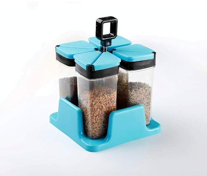 V-art Salt Pepper Sugar Shakers For Dining Table - Plastic | Sky Blue, 10 X 10 X 11 Cm, 300 Grams, Includes 4 Spice Sprinkler Jars With Stand