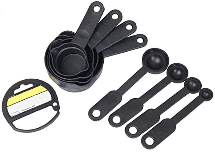 Measuring Cups And Spoons - Pvc Material 13x10x8 Centimeters Matte Black | Essential Kitchen Tool With Ring Holder For Accurate Dry And Liquid Measurements