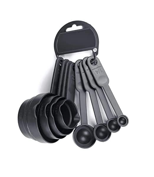 Measuring Cups And Spoons - Pvc Material 13x10x8 Centimeters Matte Black | Essential Kitchen Tool With Ring Holder For Accurate Dry And Liquid Measurements