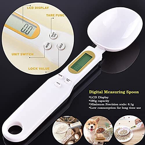 Cheshta Kitchen Food Digital Spoon Scale With Lcd Display - White Pvc, 1.1lb/500g (0.1g) Capacity | Precision Measuring For Food, Coffee, Flour & Spices