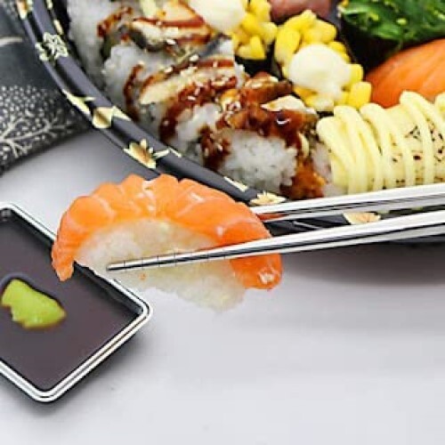 Zenkova Stainless Steel Round Chopstick Dishwasher Safe - 5 Pairs Set, Silver Non-slip Metal Utensils With Grey And White Porcelain Pattern