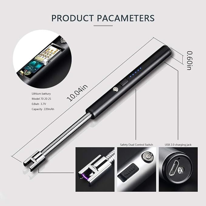 Unitrip Electric Arc Bbq Lighter - Aluminum Alloy, 25.4 X 1.5 X 1.5 Cm, Black | Flameless, Windproof, 360â° Flexible Neck, Usb Rechargeable