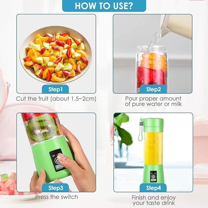 Mitsico Portable Blender, Personal Size Electric Rechargeable Usb Juicer Cup, Fruit Mixer Jar Machine With 4 Blades For Home And Travel (380 Ml, Multi-colour)