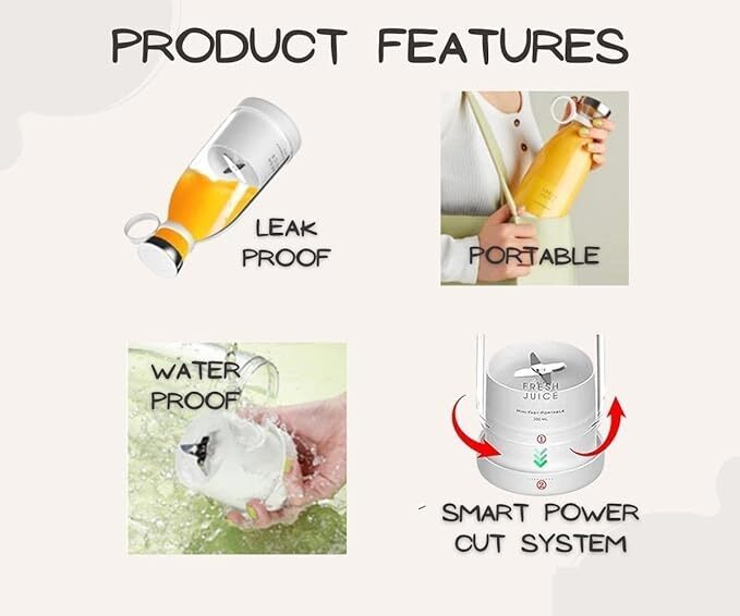 Mitsico Portable Usb Bottle Juicer Electric Usb Juice Maker Mixer Bottle Blender Grinder Mixer,4 Blades Rechargeable Bottle, Shake Fruit & Vegetable, Juice Blender, Grinder For Home