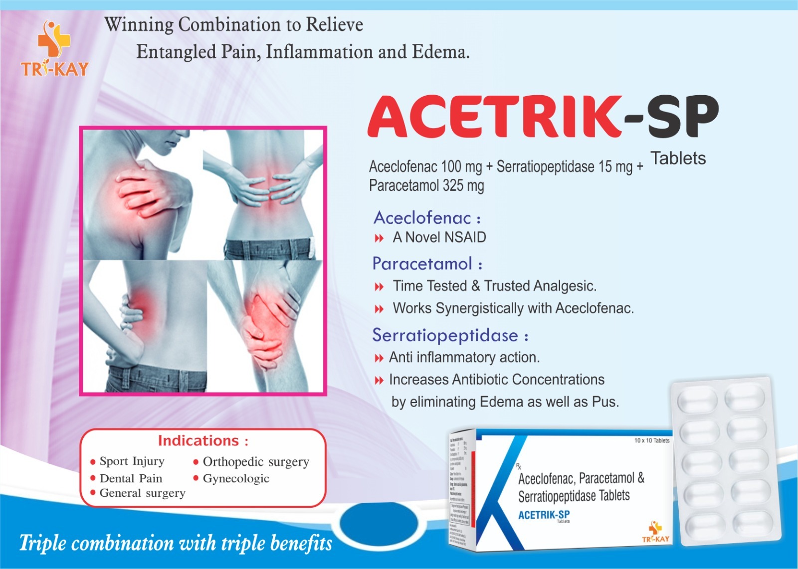 Aceclofenac Paracetamol Serratiopeptidase Tablets - 100mg/325mg/15mg | Pain Relief For Muscle, Joint, And Postoperative Swelling, Suitable For Adults