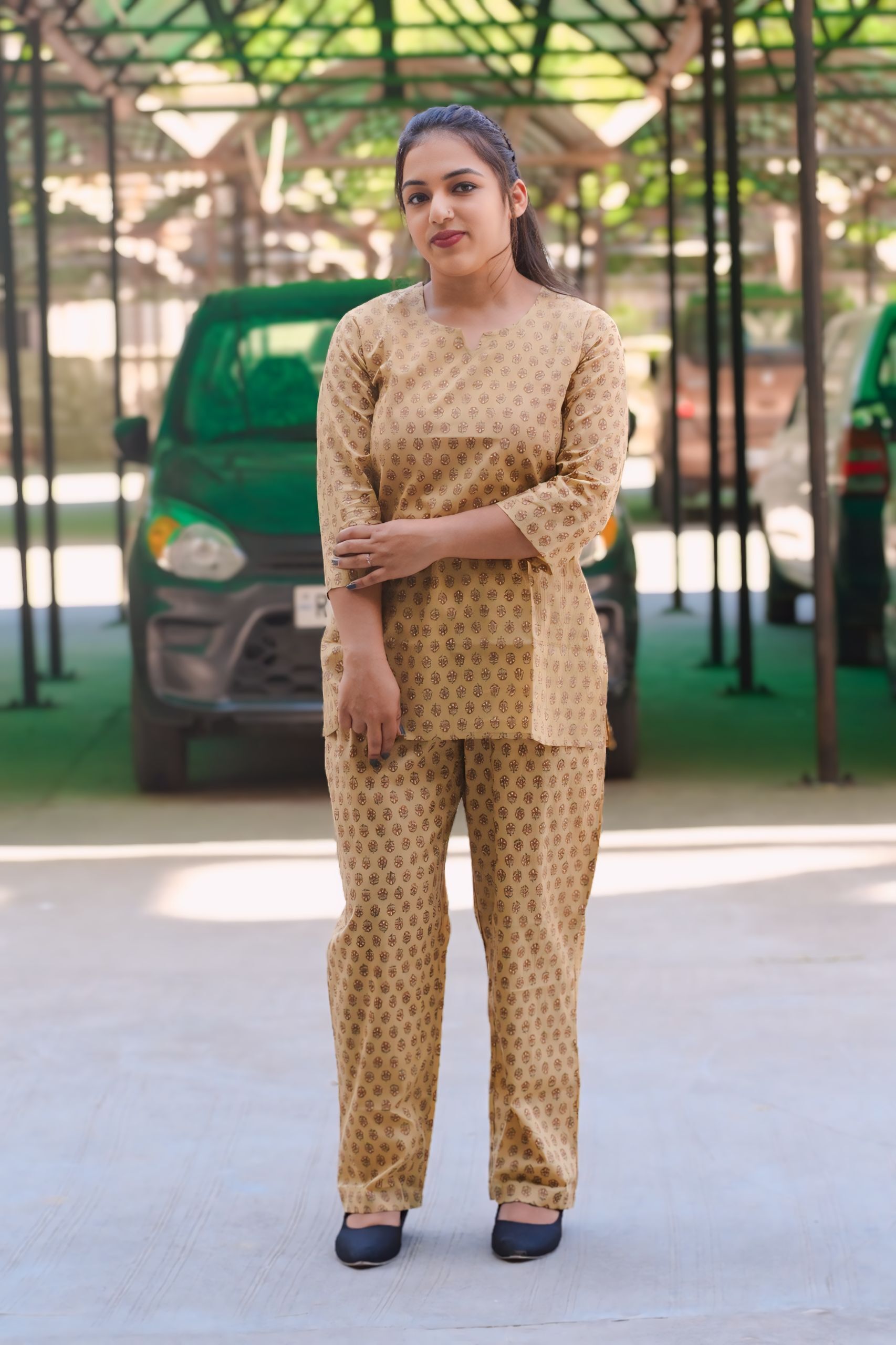 Printed Night Suit - Cotton, Customized Sizes S To Xxl, Mustard Color | Sleeveless, Floral Print, Comfortable With Pockets