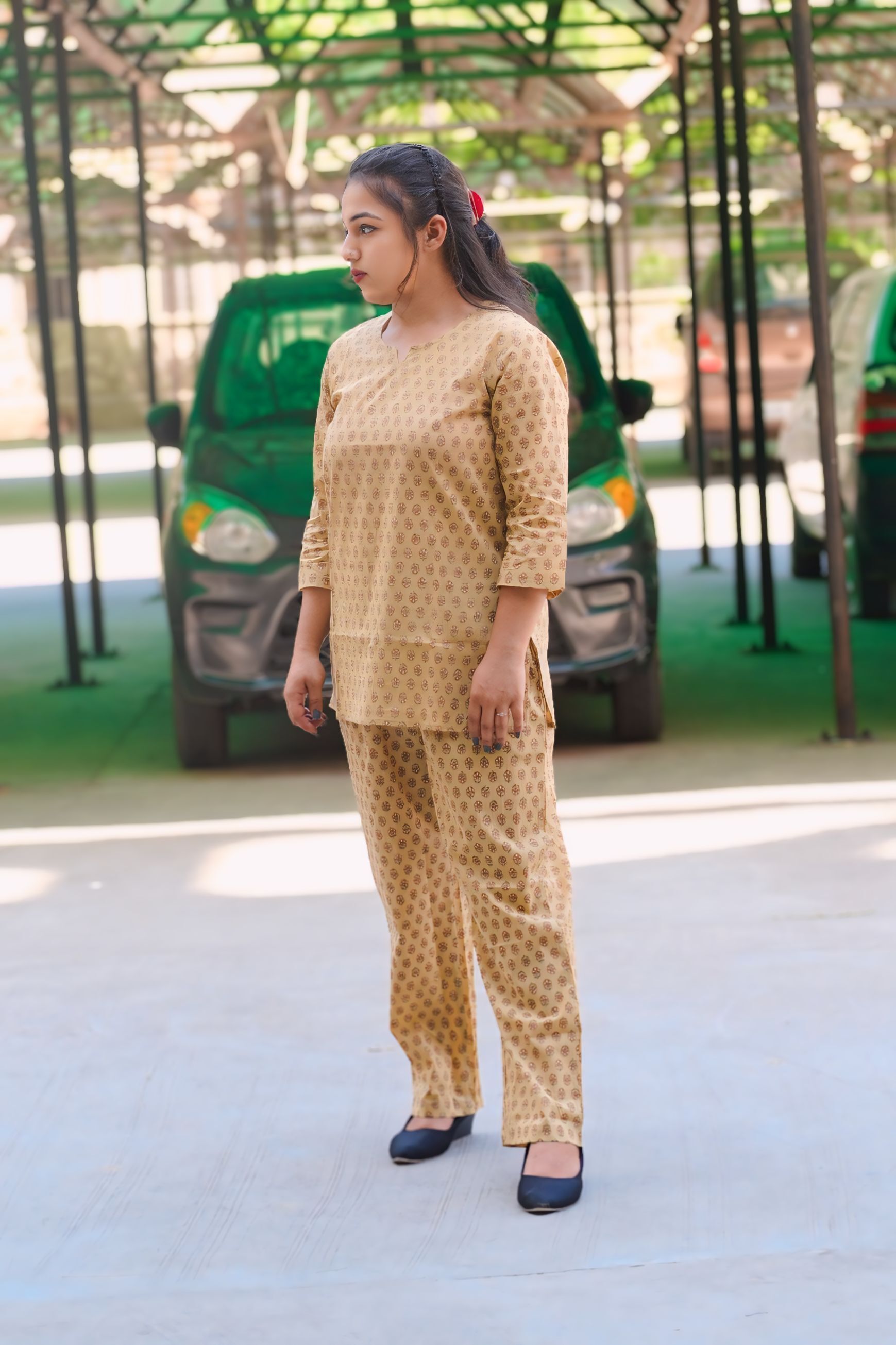 Printed Night Suit - Cotton, Customized Sizes S To Xxl, Mustard Color | Sleeveless, Floral Print, Comfortable With Pockets