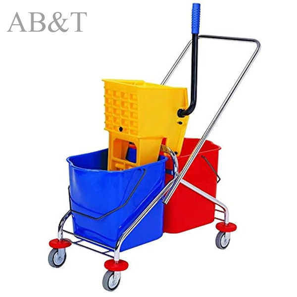 Double Bucket Wringer Trolley - 34 Liters, Gray And Yellow Plastic Design | Hygienic Cleaning For Hotels, Hospitals, And Food Malls