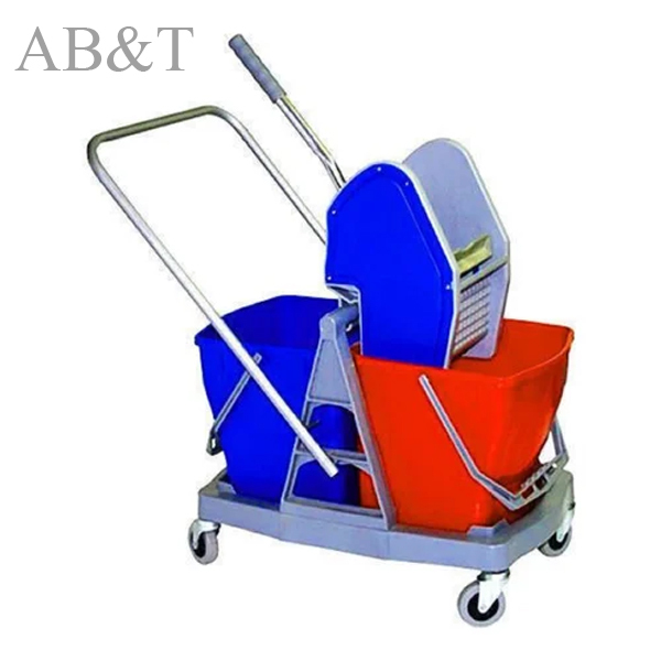 Double Bucket Wringer Trolley - 34 Liters, Gray And Yellow Plastic Design | Hygienic Cleaning For Hotels, Hospitals, And Food Malls