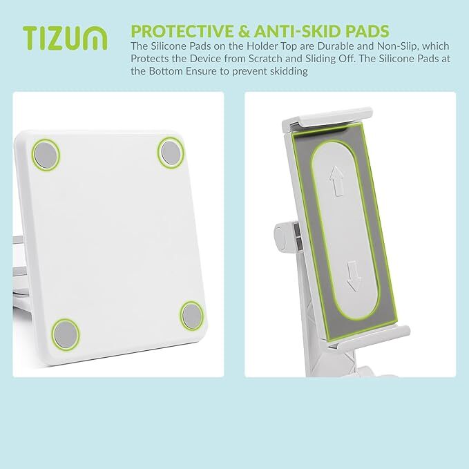 Tizum Multipurpose Tablet & Mobile Holder For All Smartphones, Tabs, Kindle, Ipad Mobile Holding Tabletop Stand, Foldable Design With 360a Angle & Height Adjustment, Anti-skid Silicone Pads